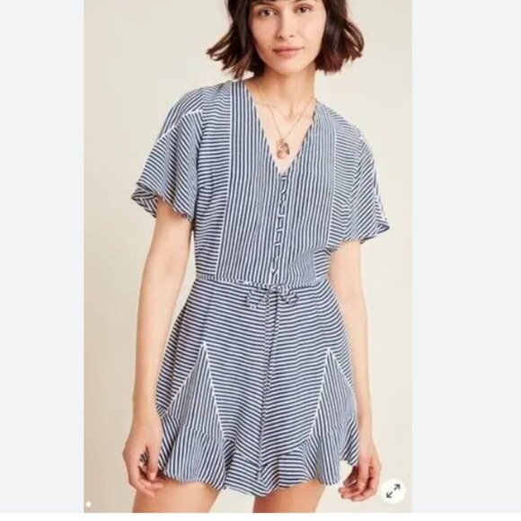 NWT Anthropologie conditions apply Lilith Romper blue white stripe short sleeve - Picture 1 of 8